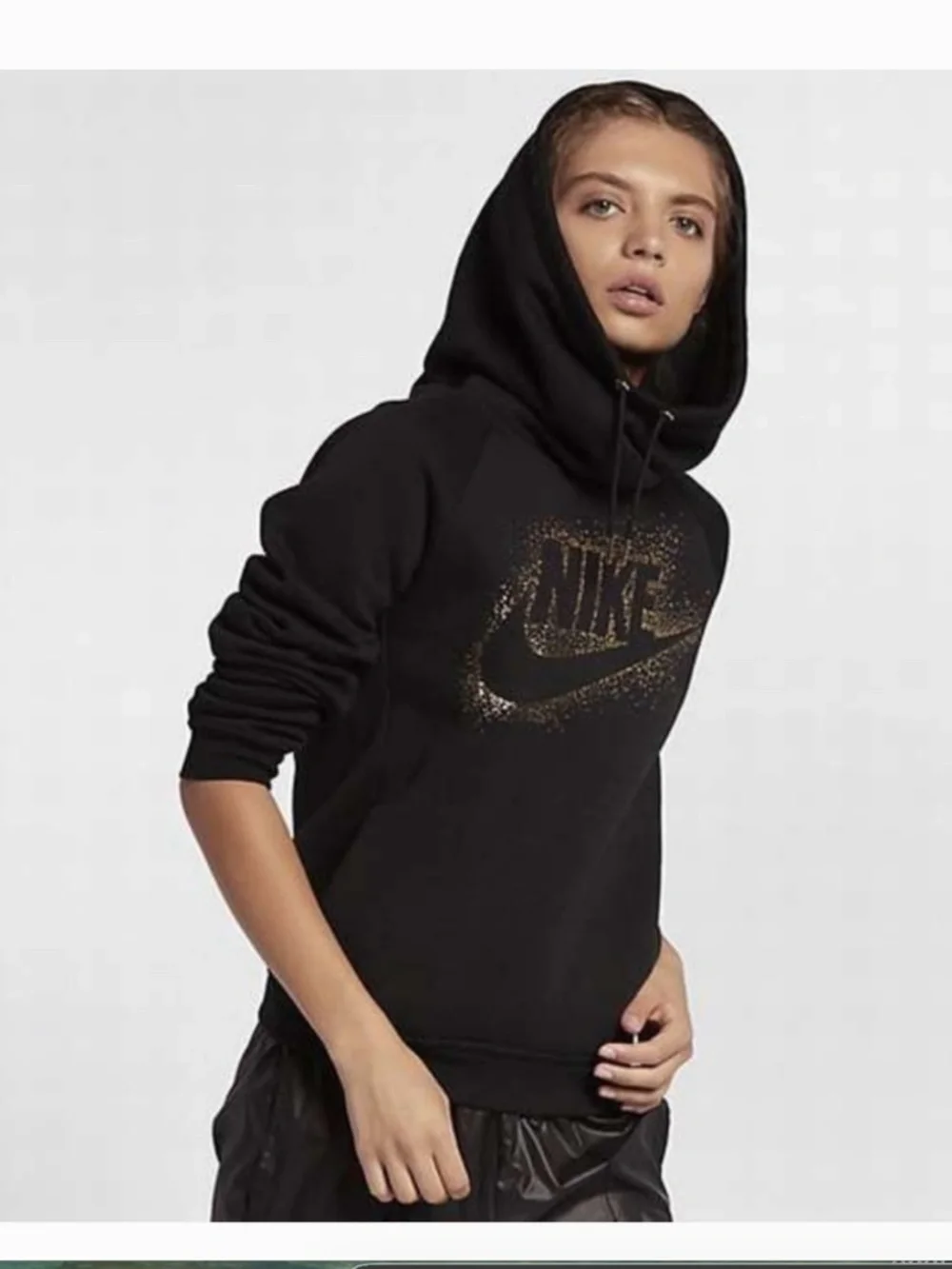 Nike Sportswear Rally Black and Gold Metallic Funnel Neck Hoodie Size Medium